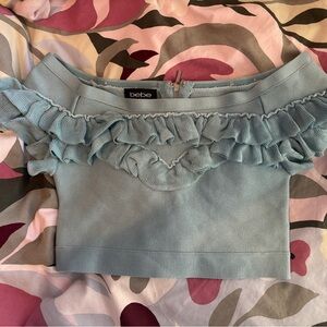 bebe Sky Blue Off-Shoulder Ruffle Crop Top